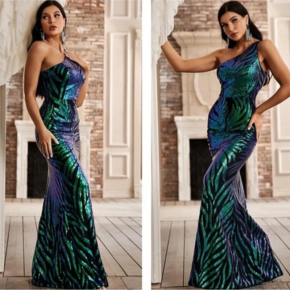 NWOT Elegant Sequin One-Shoulder Dress - Green and Blue large - Picture 6 of 11